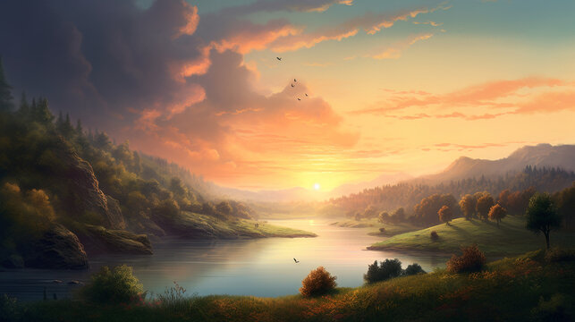 Digital Painting ov river landscape with lush hills at each sides, wanderlust - Generative AI