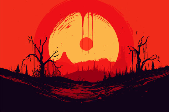 Simplistic drawing of a ending of the world behind a red dead sun, simple gradient colors vector illustration.