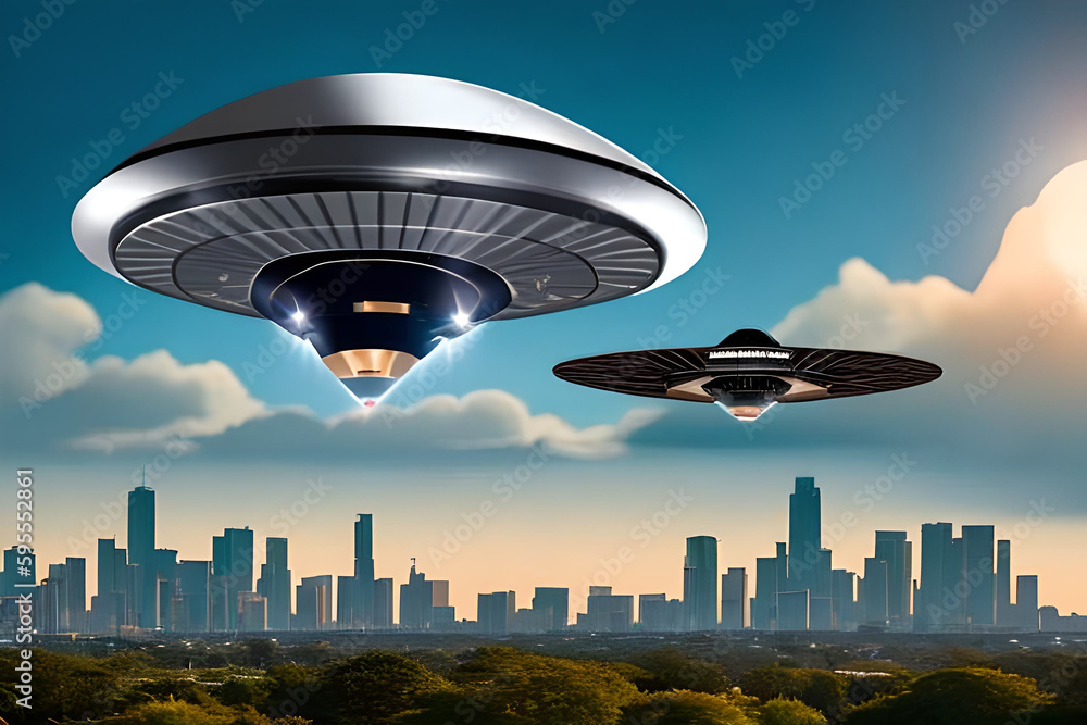 Poster an image of a spacecraft or ufo hovering in the sky, with a landscape or cityscape in the background