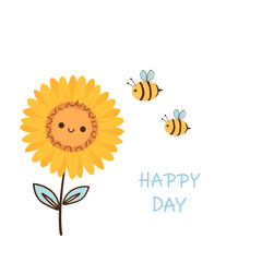 Sunflower, bee cartoons and hand written fonts isolated on white background vector illustration.