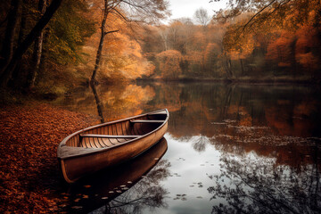 Lake surrounded by autumn foliage, a small wooden boat.
