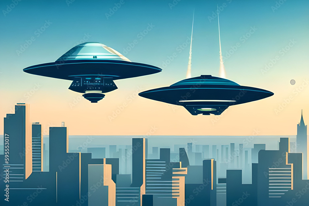 Poster an image of a spacecraft or ufo hovering in the sky, with a landscape or cityscape in the background