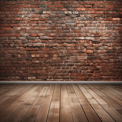 Fototapeta premium Brick wall with wooden floor in front, use as digital background element - Generative AI