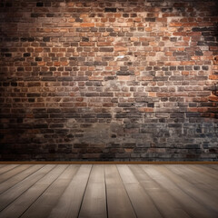 Brick wall with wooden floor in front, use as digital background element - Generative AI
