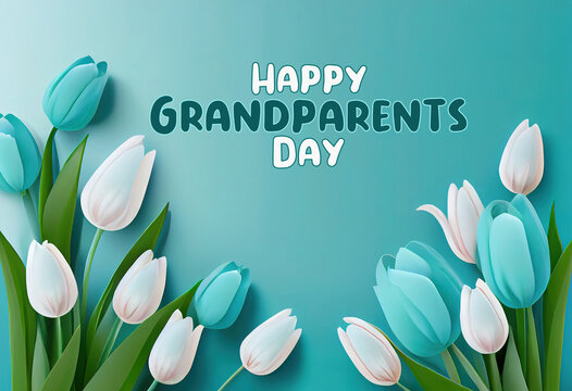 Happy Grandparents Day blue banner with spring tulips for spring holidays. Generative Ai