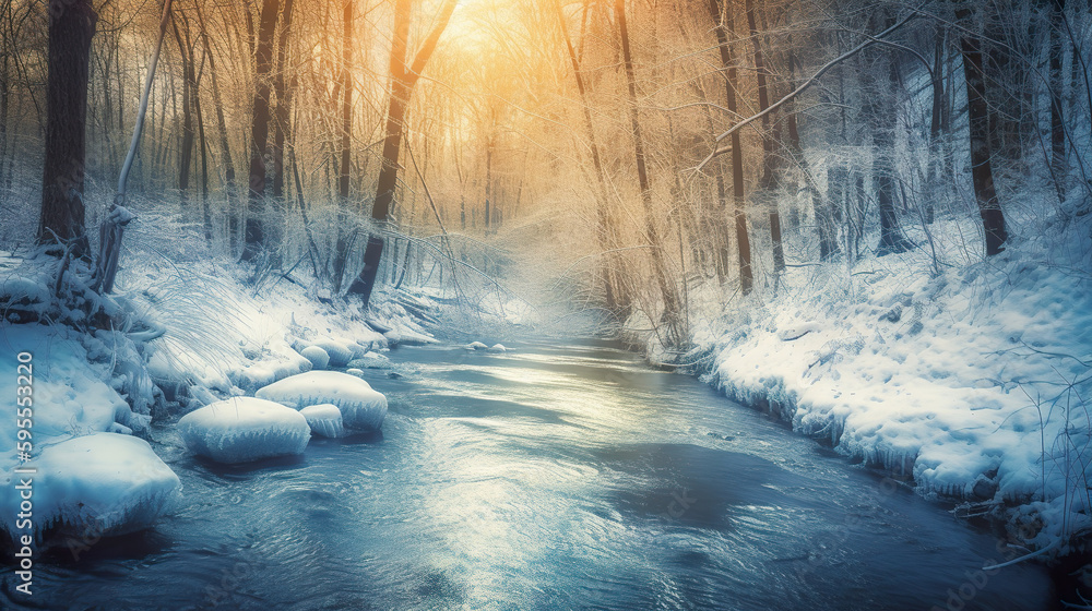Poster a stream running through a snow covered forest. ai generative.