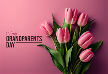 Happy Grandparents Day tulips bouquet on pink background. Generative Ai