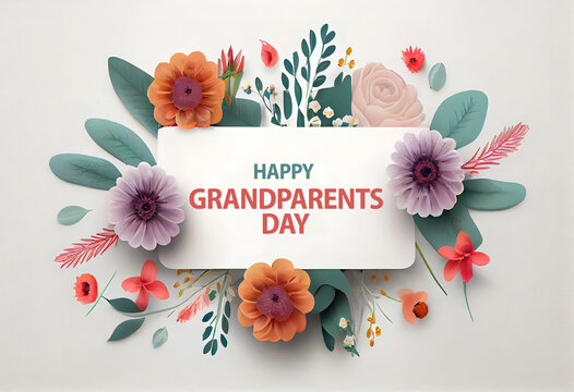 Card with phrase Happy Grandparents Day and beautiful flowers. Generative Ai