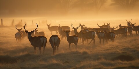 A herd of deer grazing in a meadow at dawn, concept of Wildlife conservation, created with Generative AI technology