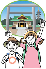 寺社仏閣を訪れる小学生の男女