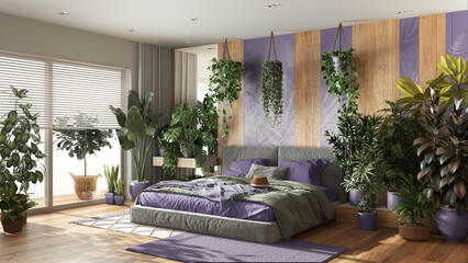 Fototapeta premium Urban jungle, modern bedroom in purple and wooden tones. Bed, parquet floor and big window, many houseplants. Home garden interior design. Biophilia concept