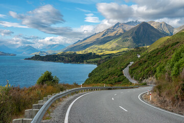 Stunning road from Queenstown to Glenorchy the northern end of Lake Wakatipu in the South Island region of Otago, New Zealand.