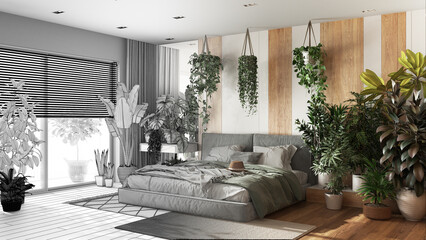 Architect interior designer concept: hand-drawn draft unfinished project that becomes real, urban jungle, modern bedroom. Home garden, biophilia concept
