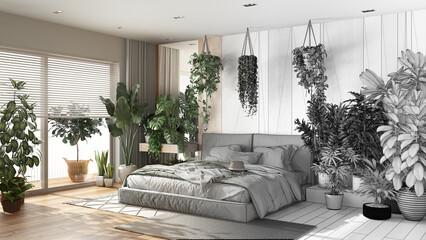 Architect interior designer concept: hand-drawn draft unfinished project that becomes real, urban jungle, modern bedroom. Home garden, biophilia concept