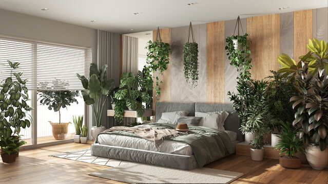 Urban jungle, modern bedroom in white and wooden tones. Bed, parquet floor and big window, many houseplants. Home garden interior design. Biophilia concept