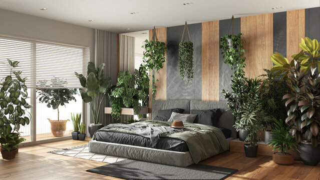 Urban jungle, modern bedroom in gray and wooden tones. Bed, parquet floor and big window, many houseplants. Home garden interior design. Biophilia concept