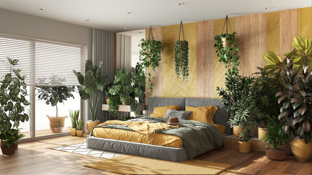 Urban jungle, modern bedroom in yellow and wooden tones. Bed, parquet floor and big window, many houseplants. Home garden interior design. Biophilia concept