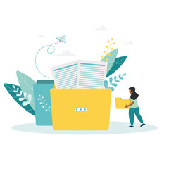 Fototapeta premium Girl carrying paper folders. The concept of file management, keeping electronic information in order, organization and storage of business data, digital archive. Flat vector illustration for banner. 