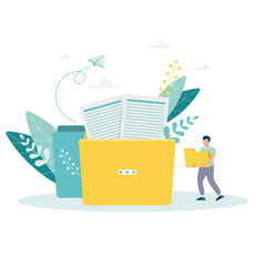Fototapeta premium Man carrying paper folders. The concept of file management, keeping electronic information in order, organization and storage of business data, digital archive. Flat vector illustration for banner. 