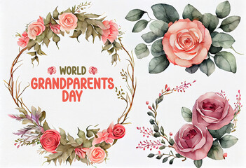 Happy Grandparents Day wreaths, floral frames, watercolor flowers pink roses. Generative Ai