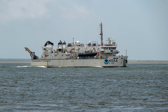 NOAA research/survey vessel Ferdinand R. Hassler in Charleston Harbor, SC, USA on April 22, 2023.