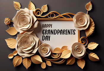 Happy Grandparents Day gold frame with paper craft roses. Generative Ai