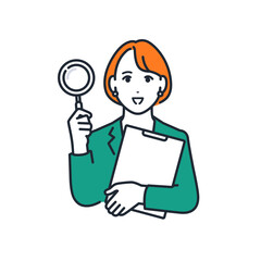 笑顔で虫メガネとバインダーを持つ若いビジネスウーマンのシンプルなベクターイラスト素材 © KatoSaori