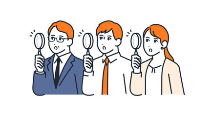 虫眼鏡を持って調べる3人の会社員のシンプルなベクターイラスト素材