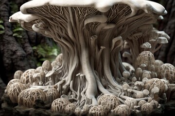 Natural mycelium, fungus, mushroom colony growing, very detailed AI generative close-up on organic shapes