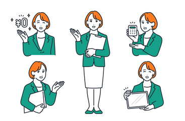 スーツを着た若い女性のシンプルなベクターイラストセット素材