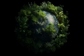 Planet Earth surrounded by vegetation on a black background. Earth Day theme. Generative AI