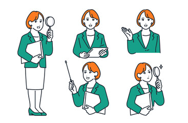 スーツを着た若い女性のシンプルなベクターイラストセット素材