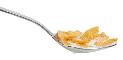 Corn flakes with milk in a spoon