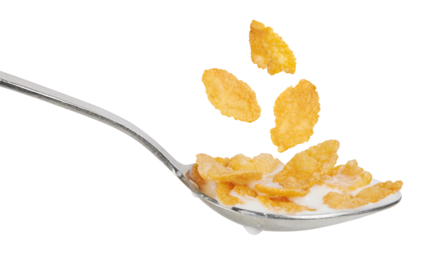 Corn flakes with milk in a spoon