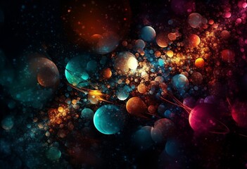 A digital artwork with an abstract chaotic design featuring glittering bubbles in shades of every colors. 