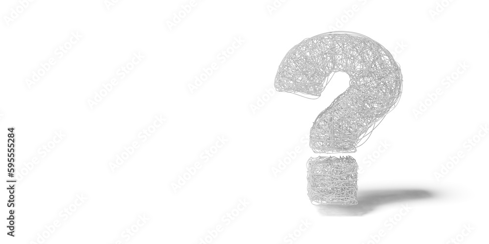 Poster question mark made from tangled strings standing on white background, idea, solution or question or 