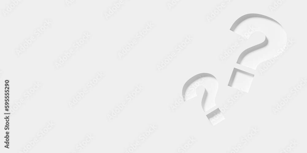 Poster two embossed question marks on white background, idea, solution or question or communication busines