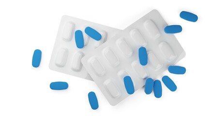 Blue pill tablets scattered over two white pill blister packs isolated on white background flat lay top view from above, medicine, pharmacy or drug concept