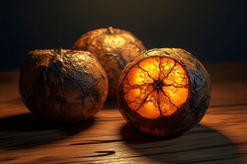 Rotten oranges on a wooden table. Dim studio light. Generate AI.