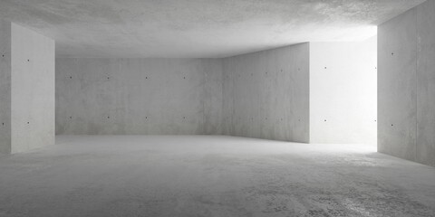 Abstract large, empty, modern concrete room with angled walls, indirect light and and rough floor - industrial interior background template