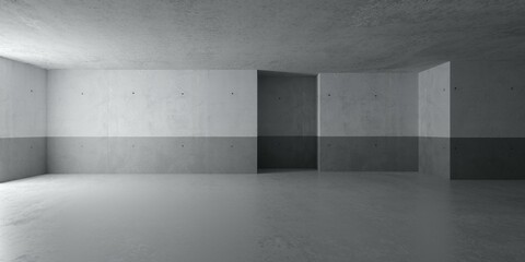 Abstract large, empty, modern concrete room, half painted walls, indirect light and concrete rough floor - industrial interior background template