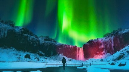 Aurora borealis, polar lights over frozen waterfall, tiny human, polar AI generative imaginary landscape