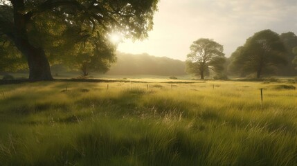 Obraz premium Beautiful Scene with green field and bush. Generative AI