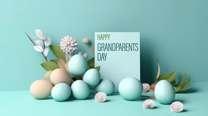 Happy Grandparents Day easter invitation with eggs and daisies on a blue background. Generative Ai