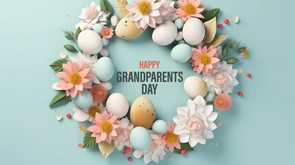 Happy Grandparents Day easter invitation with eggs and daisies on a blue background. Generative Ai