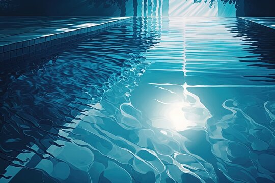 A painting of a pool with a sun reflecting in the water, created with Generative Ai Technology