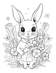 A coloring page with a bunny and flowers. AI generative.