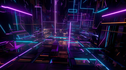 Fototapeta na wymiar Cyberpunk neon background, magenta violet purple metallic technological backdrop with architectural elements, AI generative
