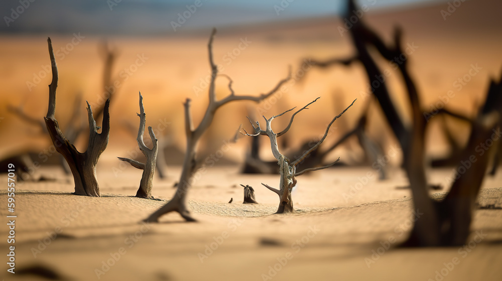 Poster a group of dead trees in a desert. ai generative.
