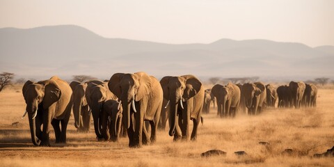 A herd of elephants walking together across the savanna, concept of Animal migration, created with Generative AI technology